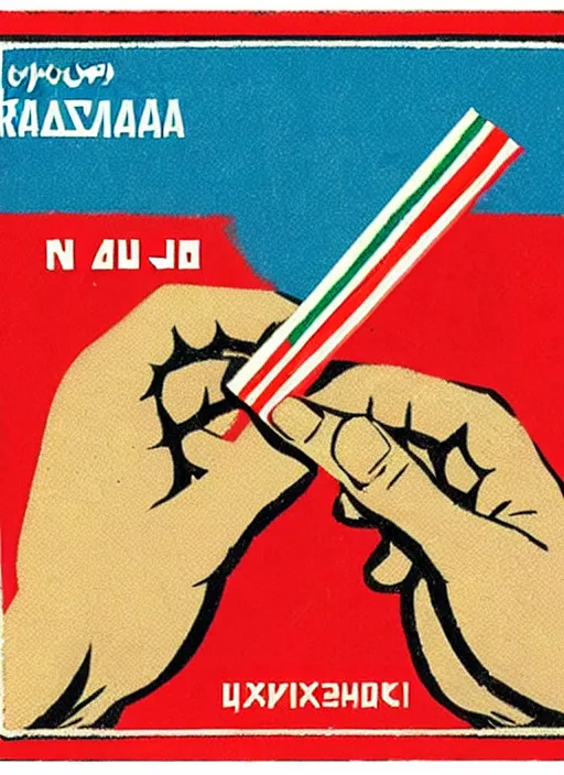 Image similar to a hand holding a red card, russian matchbox label style, propaganda,