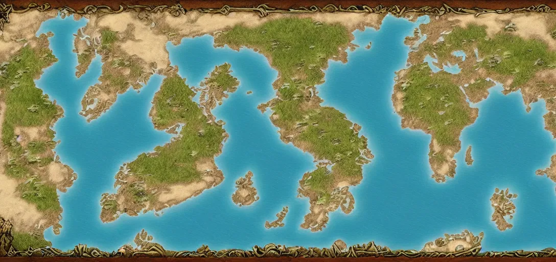 Image similar to fantasy world atlas in the style of a world of warcraft world map, 7 0 % ocean, extremely detailed, fantasy, no text, 4 k