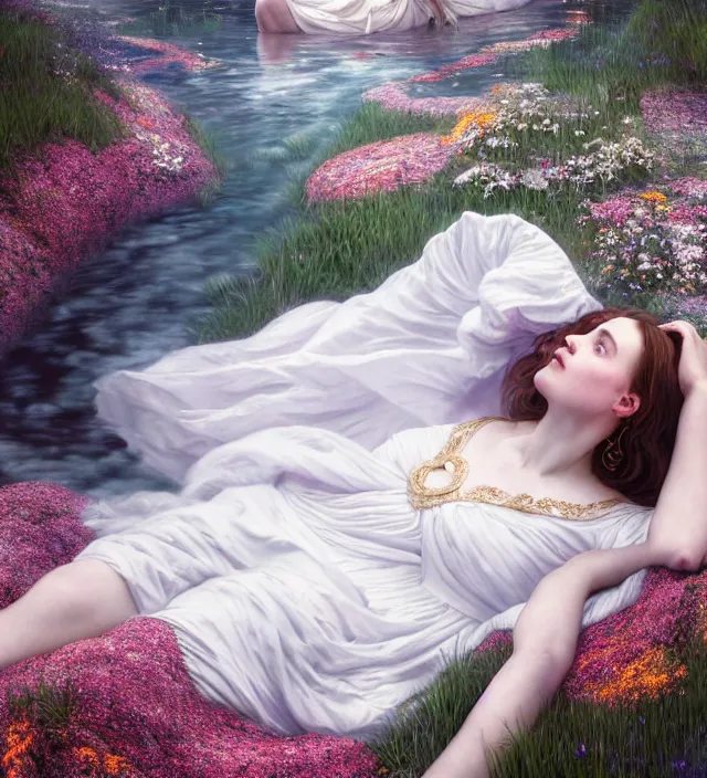 Image similar to baroque portrait of a icelandic princess in a white dress, lying down in a river made of thousands of flowers, cinematic lighting, photorealistic, octane render, 8 k, depth of field, art by artgerm and greg rutkowski and alphonse mucha and uang guangjian