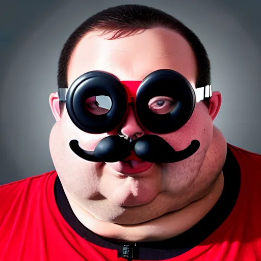 Image similar to a round fat man in a red jumpsuit, wearing shiny black goggles, long pointy pink nose, long spikey brown moustache, large cartoonish hands with white gloves, evil villain grin, high tech