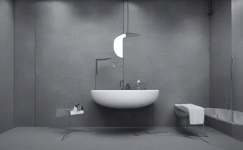 Image similar to isometric modern bathroom in wall tiles, gloomy and foggy atmosphere, octane render, artstation trending, horror scene, highly detailded