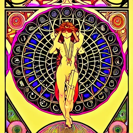 Image similar to psychedelic sacred geometry, intricate, sophisticated, ultra realistic, incredibly detailed, diagram, illustration, trending on artstation, art by alphonse mucha