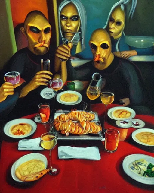 Prompt: “shrimpman’s having dinner with friends at the restaurant 666, detailed oil paint, discopunk”