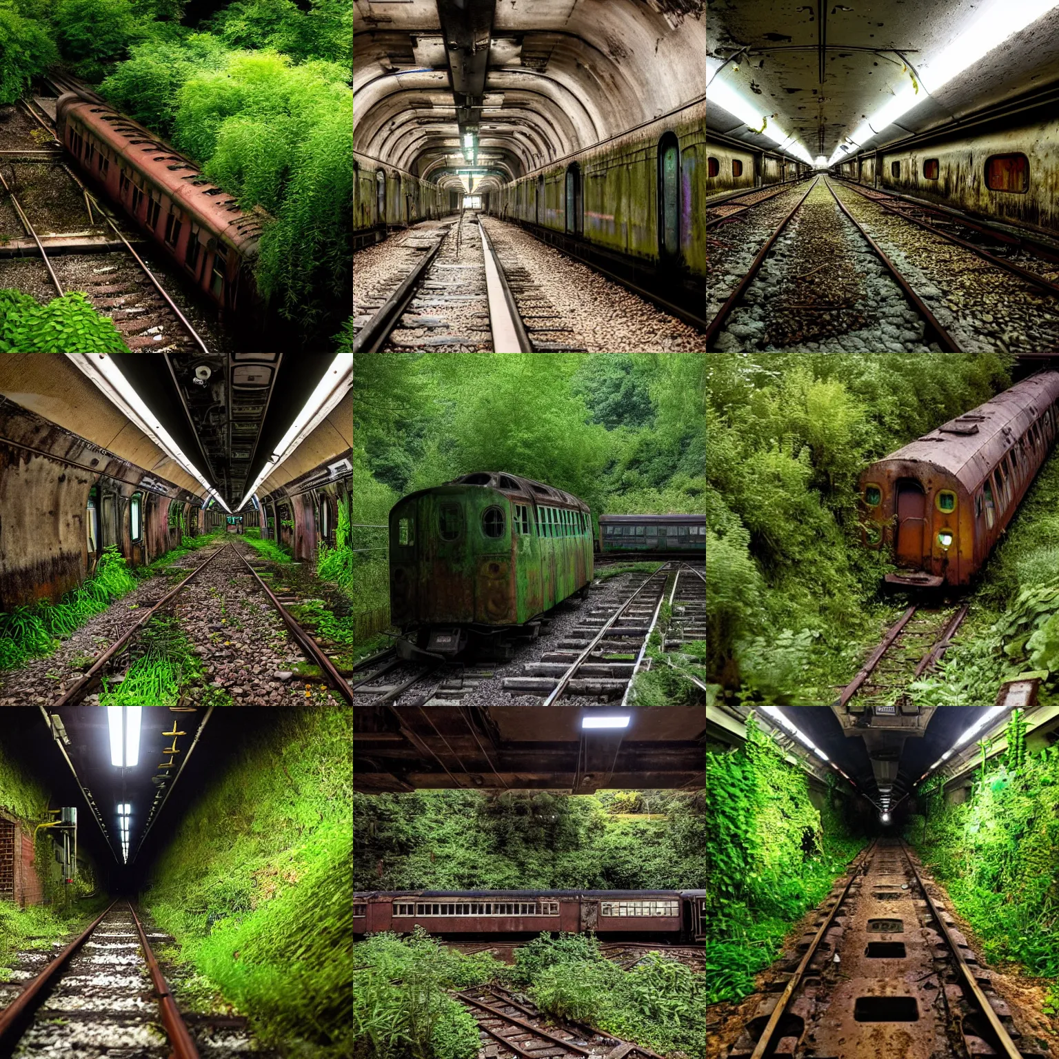 Prompt: an abandoned rusted train, alone, in an empty dark flooded london underground tunnel, overgrown with aquatic plants