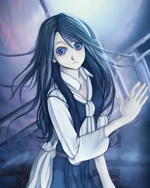 Prompt: a teenage girl on a haunted ship, full shot, very anime, digital art, captures emotion and movement, ambient lighting, perfect composition, dynamic lighting, detailed face, very extremely detailed blue eyes, smooth shading