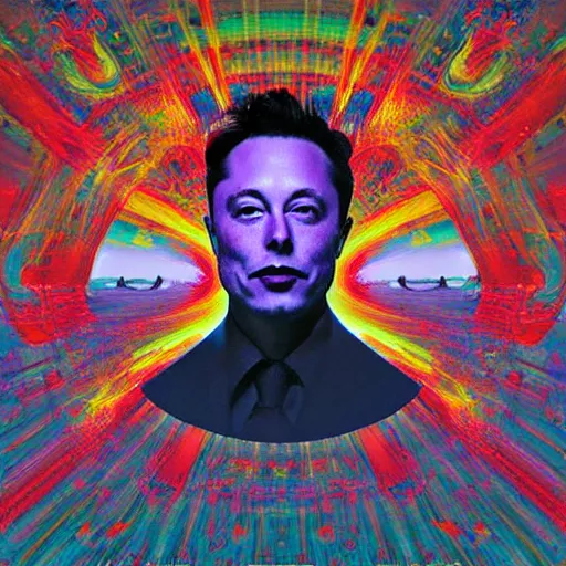 Image similar to surrealist portrait painting of elon musk's acid trip, album cover