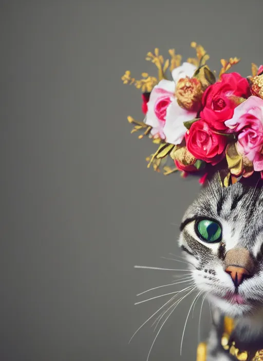 Image similar to 3 5 mm macro photography of a cat wearing a floral headdress and paisley suit