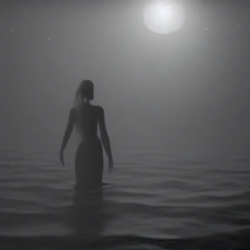 Prompt: film still of ominous ethereal female figure waiting amidst the depths of a dark ocean on a moonlit night, cinematography by Vadim Yusov