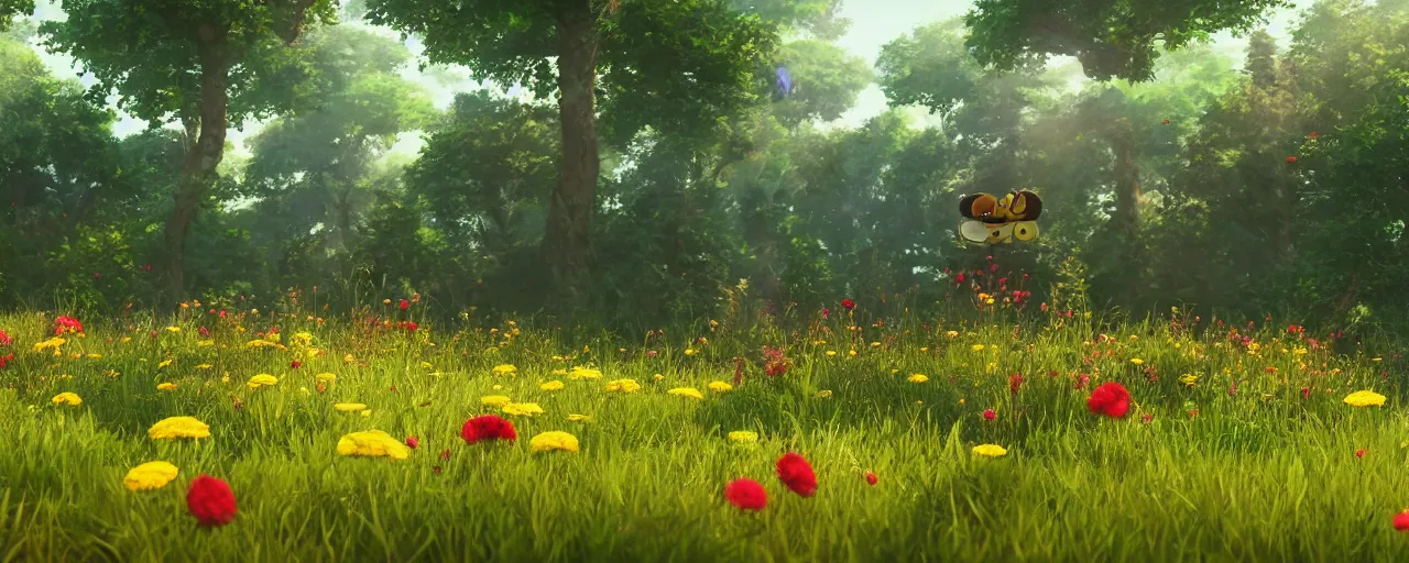 Prompt: a beautiful forest meadow landscape with large bee between flowers, crimson - black beehive, happy trees, photorealistic, octane render, rtx, hdr, unreal engine, digital art widescreen 8 k in the style of studio ghibli and bob ross and pixar and bee movie