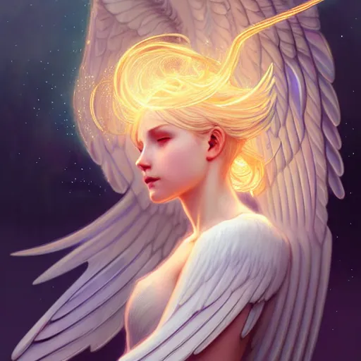 Image similar to Winged girl angel with blonde hair and glowing halo, iridescent, seraphim, fantasy, intricate, elegant, highly detailed, digital painting, artstation, concept art, smooth, sharp focus, illustration, art by Krenz Cushart and Wenqing Yan and Alphonse Mucha