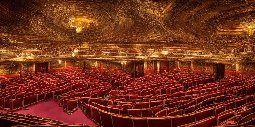 Image similar to realistic interior photo of pathe tuschinski amsterdam, 8 k, hyper realistic, very detailed,