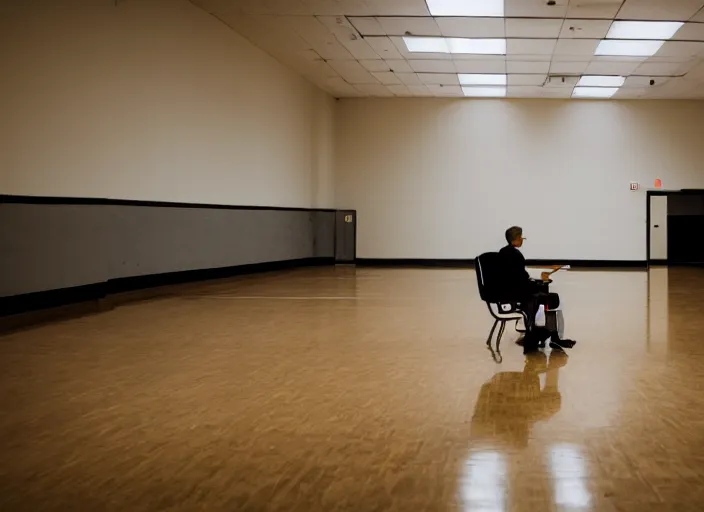 Prompt: a man sitting in a chair in the middle of an empty school hallway