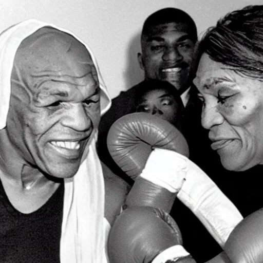 Prompt: photo of mother Teresa boxing mike Tyson