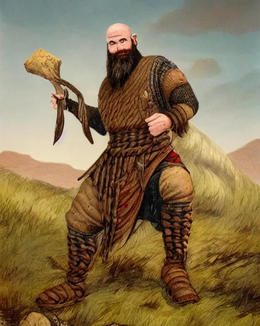 Prompt: a bald warrior male dwarf with long brown braided beard in a barren mountainous landscape, art by hugh rankin, color