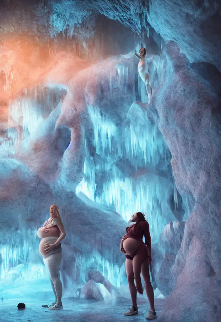 Image similar to epic leader pregnant woman talking to all her tribe with futuristic fluorescence mutant veins, proud people looking at the pregnant woman, ice cave, facinating, fantasy digital art, octane render, beautiful composition, trending on artstation, coherent, masterpiece, photorealistic