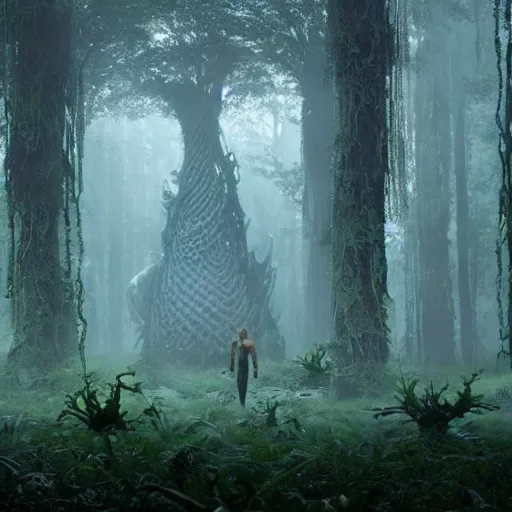 Image similar to a complex organic fractal 3 d metallic symbiotic ceramic humanoid megastructure creature in a swampy lush forest, foggy, cinematic shot, photo still from movie by denis villeneuve, wayne barlowe