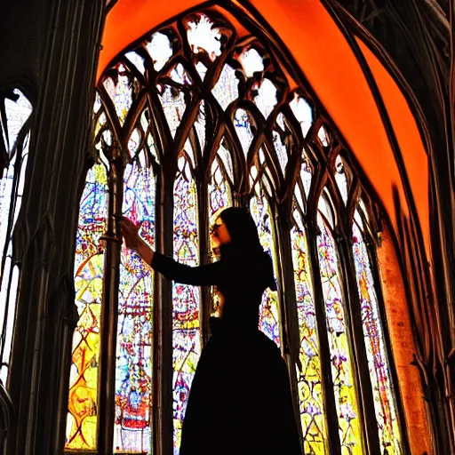 Image similar to a gothic cathedral with orange flames reflected into its windows, a gothic girl dressed in black, macro head, perfect face, detailed intricate arabesque dress