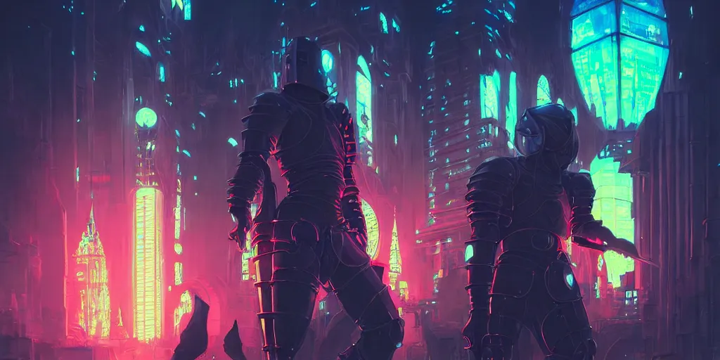 Image similar to medieval knight standing in a neon lit futuristic city, wlop, ilya kuvshinov, artgerm, krenz cushart, greg rutkowski, hiroaki samura, range murata, james jean, katsuhiro otomo, erik jones, serov, surikov, vasnetsov, repin, kramskoi