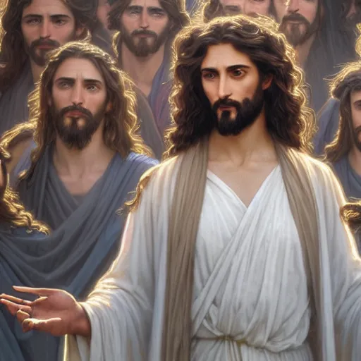 Image similar to an extremely detailed matte painting of a ridiculously good looking jesus that looks like a jewish gigachad with his 1 2 apostle entourage, long curly hair, elegant ancient greek dress, very detailed, windy beach, beautiful, intricate, cinematic, artstation, william bouguereau, alphonse mucha, greg rutkowski, rossdraws, octane render