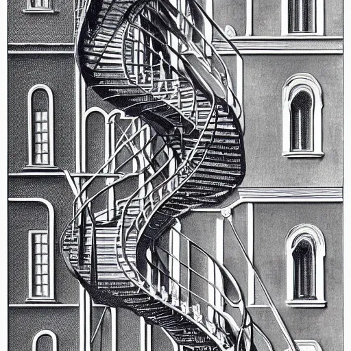 Prompt: detailed blueprints for spiral staircase by mc escher