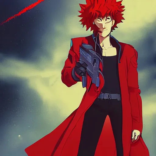 Image similar to , hyperrealistic spike from anime cowboy bebop holding two handguns looking into the distance of space, spike in on top of his red spaceship and he is looking over a dystopian cyber city on Mars art, physically accurate, dynamic lighting, intricate, elegant, highly detailed, very very Roberto Ferri, sharp focus, very very unsettling, very terrifying, illustration, wideshot,