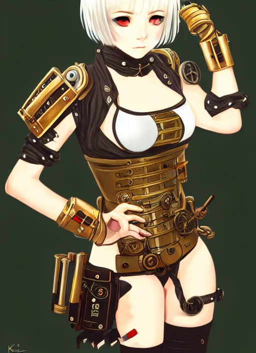 Image similar to portrait Anime girl in steampunk bikini armor, cute-fine-face by Ilya Kuvshinov, white-hair pretty face, realistic shaded Perfect face, fine details. Anime, steampunk, bioshock. realistic shaded lighting, by Gustav Klimt