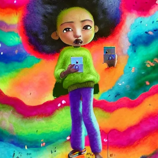 Image similar to a black girl with a colorful afro and big colorful eyes play videogames in a vast and endless 9 0's arcade, bright colours, bokeh!!, watercolor, volumetric wool felting, macro photography, children illustration, by goro fujita