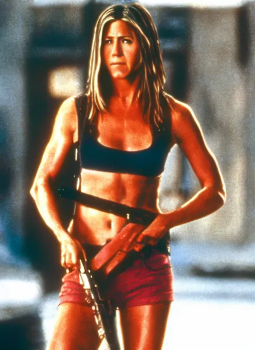 Image similar to film still of Jennifer Aniston as John McClane in Die Hard, 4k