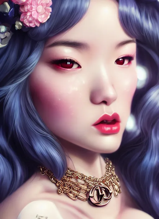 Image similar to a pin up and beautiful fashion dreamlke japan girl with lv jewelry, character art, art by artgerm, wlop, loish, hyperdetailed, 8 k realistic, symmetrical, global illumination, radiant light, frostbite 3 engine, cryengine, dof, trending on artstation, digital art, chanel, dior, detailed background