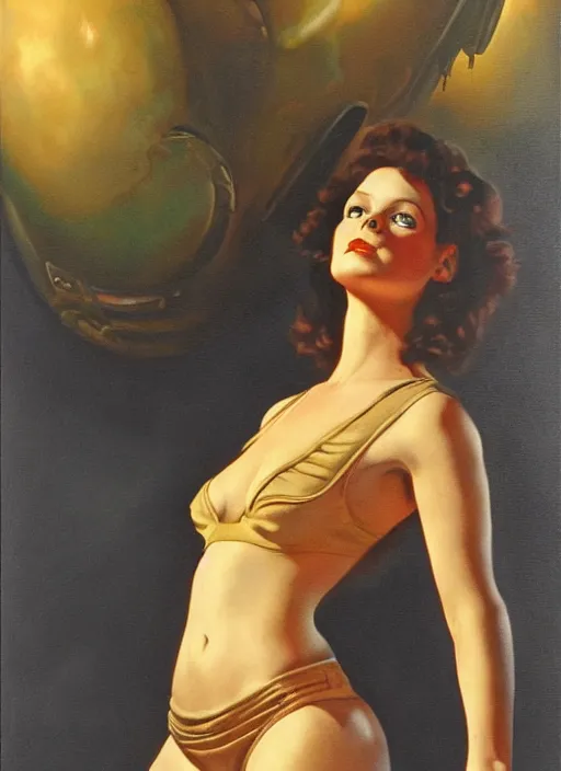 Image similar to 1940's oil painting of Ripley from Alien (1979) by Gil Elvgren, detailed