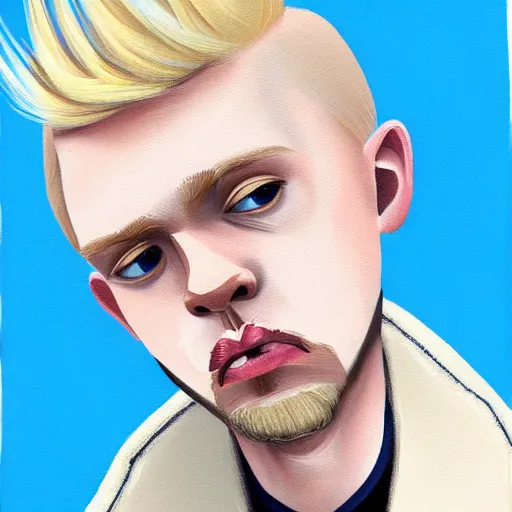 Prompt: thin blond man with blond hair long on top medium down the sides, blond beard, small chin, small nose, thin lips, English heritage, small blue eyes, tiny ears, middle aged, uncool, pale skin, narrow face, digital art, painterly, cartoon, cute, 8k, illustration, art by loish, painterly, trending on artstation, medium shot, uncropped