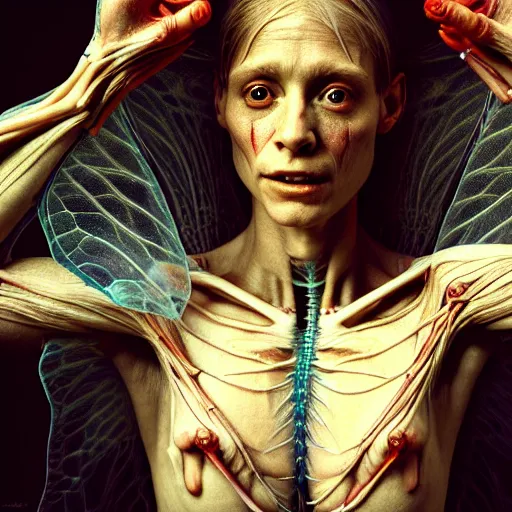 Image similar to female fairy with translucent skin, visible muscles and veins and arteries and bones and spine and nerves, beautiful detailed intricate insanely detailed octane render, 8K artistic photography, photorealistic, chiaroscuro, by David Cronenberg, Raphael, Caravaggio