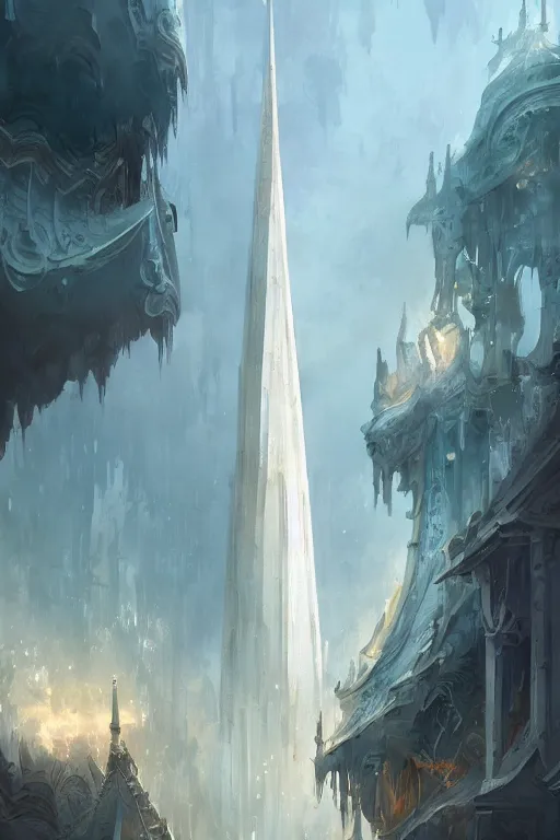 Prompt: street - level view of a magnificent white spire made of polished marble rising above a fantasy city, marc simonetti, anato finnstark, randy vargas, diego gisbert llorens, bayard wu, fantasy concept art, trending on artstation, 4 k, digital painting, beautiful