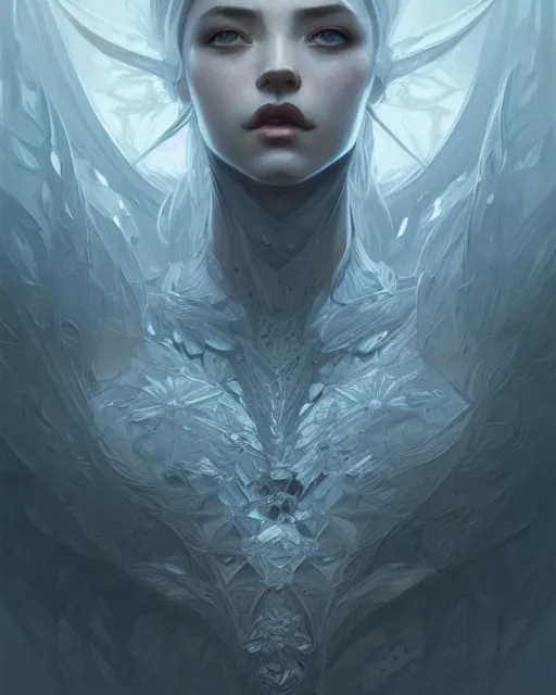 Prompt: concept art by artgerm, crystal flower, soft grey and blue natural light, intricate, highly detailed dark art, digital painting, artstation, concept art, smooth, sharp focus, illustration, art by greg rutkowski and luis rollo and uang guangjian and gil elvgren, symmetry!