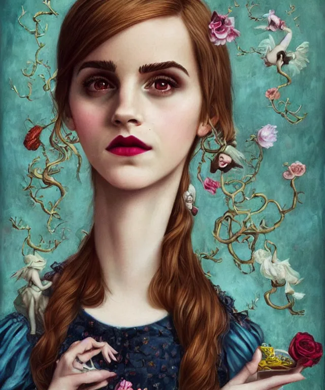 Image similar to portrait of Emma Watson in wonderland, lowbrow painting by Mark Ryden