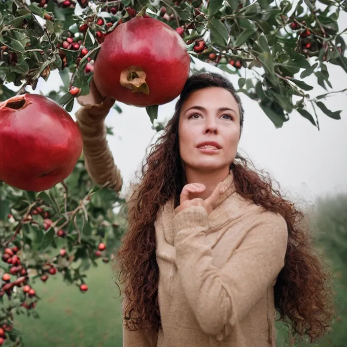 Prompt: a closeup portrait of a woman wearing a helmet made of reflective mylar, picking pomegranates from a tree in an orchard, foggy, moody, photograph, by vincent desiderio, canon eos c 3 0 0, ƒ 1. 8, 3 5 mm, 8 k, medium - format print