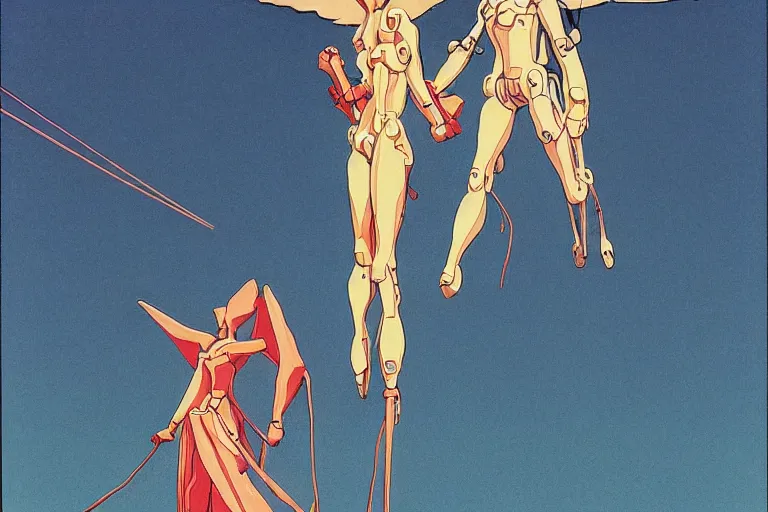 Prompt: gigantic evangelion angels with human faces catch tiny threads, a lot of exotic mechas robots around, human heads everywhere, risograph by kawase hasui, dirtyrobot, edward hopper, satoshi kon and moebius, colorful flat surreal design, super - detailed, a lot of tiny details, fullshot