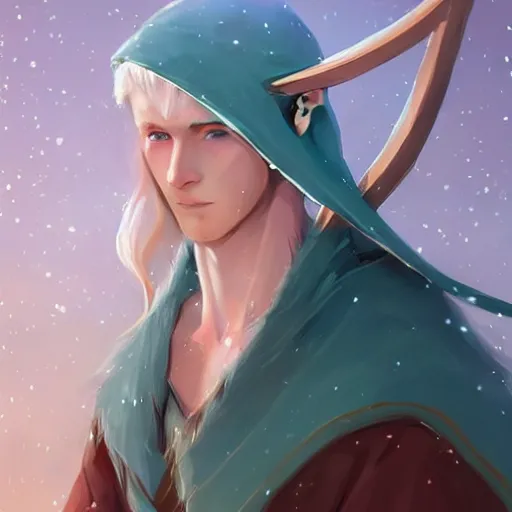 Image similar to handsome pointy - eared male snow elf in a turquoise cape as an archer, albino skin, mid - shot, moonlight snowing, ethereal opalescent mist, winter vibes, perfect face, elegant, very coherent symmetrical artwork, by wenjun lin, krenz cushart, charlie bowater, trending on artstation