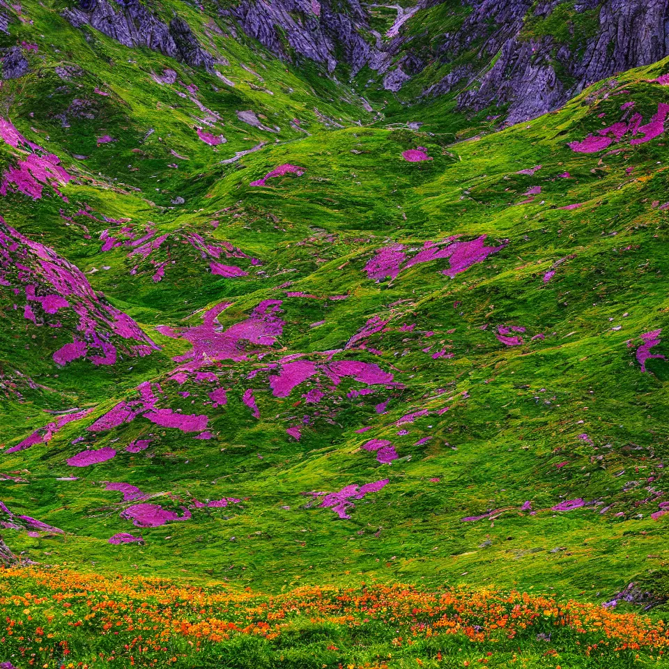 Image similar to valley of flowers, high and small monoliths, one man, renaissance, film grain, bright colors, zancan, high detailed,