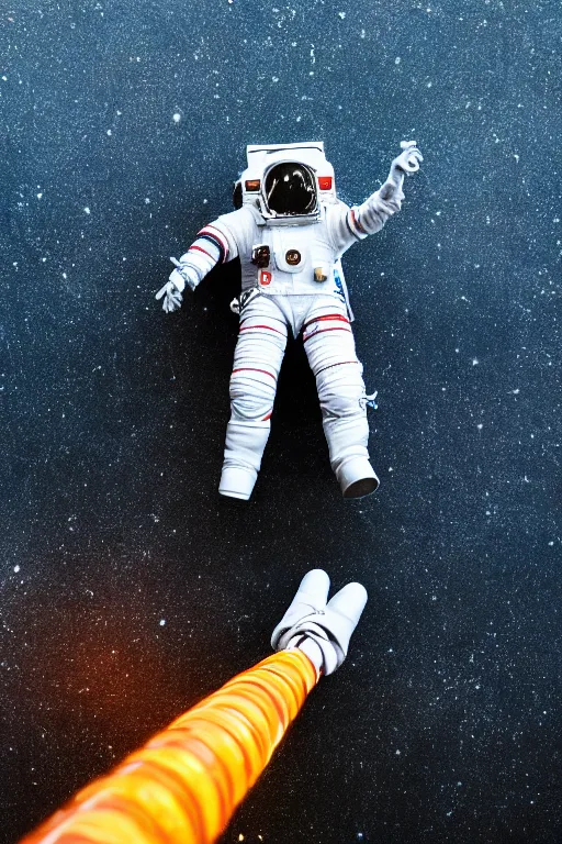 Image similar to a bottom view of a walking astronaut, low - angle view, photography, out - space background, cinematic lighting, 8 k