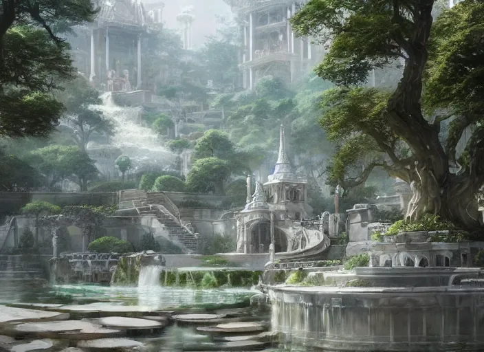 Image similar to A hot spring in a beautiful elven city made of white marble, anime, lush trees, fountain, a fantasy digital painting by Greg Rutkowski and James Gurney, trending on Artstation, highly detailed