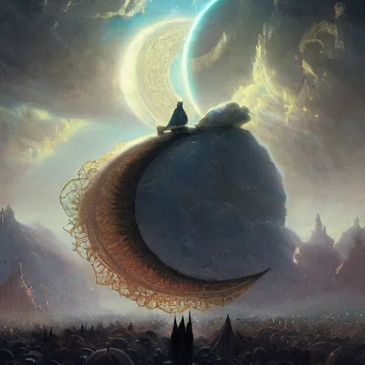 Image similar to giant shining crescent in a magic fluffy persian carpet dimension, by greg rutkowski and gaston bussiere, dim lighting, beautiful volumetric - lighting - style atmosphere, surreal atmosphere, intricate, detailed, photorealistic imagery, artstation