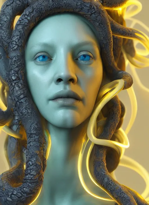 Image similar to subsurface scattering, medusa made of soft wax by giger, cgsociety, translucent, wooden art nouveau swirls, colored smoke, gold cables, electricity, tubes, in the style of ruan jia and beeple, mystical colors, back light, rim light, dramatic lighting, 8 k, stunning scene, raytracing, octane render
