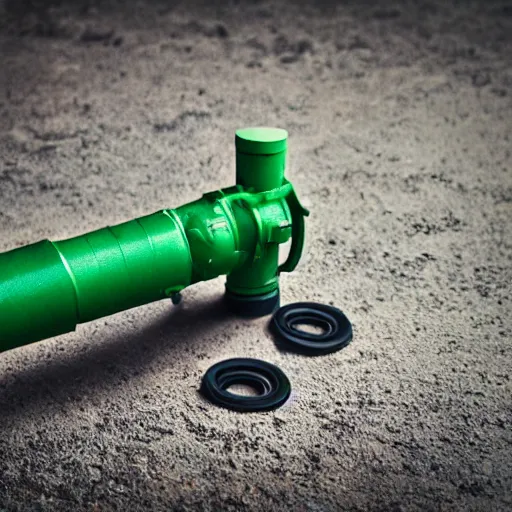 Prompt: a working rocket launcher that was 3 d printed using black and green filament. 8 5 mm lens, f 1. 8.