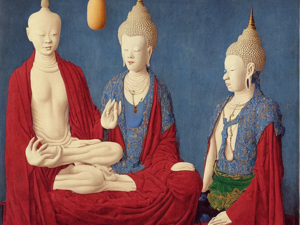Image similar to Portrait of albino mystic with blue eyes, with Thai statue of the Buddha. Painting by Jan van Eyck, Audubon, Rene Magritte, Agnes Pelton, Max Ernst, Walton Ford