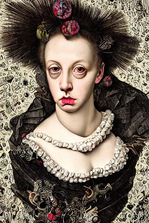 Image similar to Detailed maximalist portrait with large lips and with large eyes, angry expression, HD mixed media, 3D collage, highly detailed and intricate illustration in the style of Caravaggio, dark art, baroque