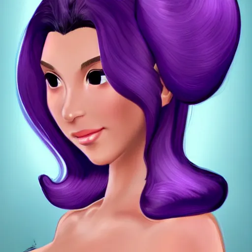Prompt: The new Nintendo princess twin sister to Kim Kardashian wearing a royal purple dress who is a gorgeous curvy supermodel with deep purple hair from sweeden and a confident and flirty attitude Nintendo concept art. Attractive slightly freckle woman's face. Full body shot detailed video game character art.
