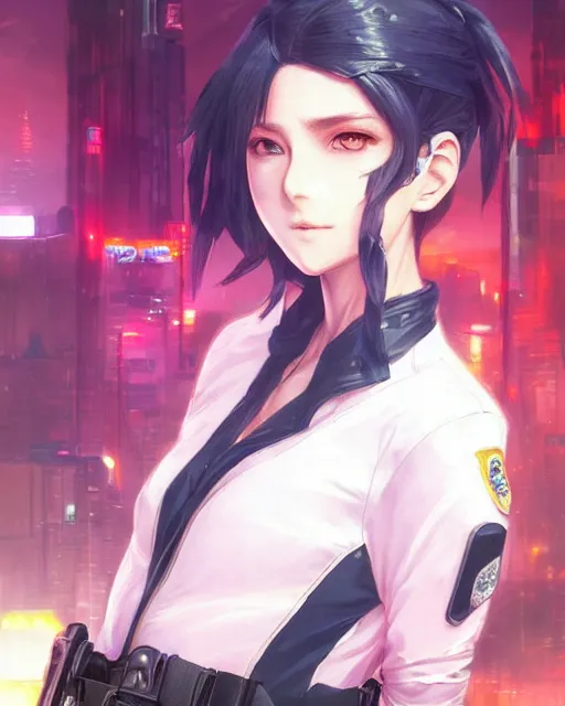 Image similar to anime key visual of a young female police officer, neon, cyberpunk, futuristic, white clothing, black vest, stunning, highly detailed, digital painting, artstation, smooth, soft focus, illustration, art by artgerm and greg rutkowski and alphonse mucha