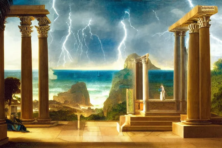 Image similar to Doric temple on front of balustrade and palace columns, refracted lightnings on the ocean, thunderstorm, tarot cards characters, beach and Tropical vegetation on the background major arcana sky and occult symbols, by paul delaroche, hyperrealistic 4k uhd, award-winning, very detailed paradise