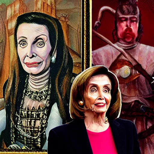 Image similar to nancy pelosi standing in front of 1 6 th century backdrop replacing vigo the carpathian, scourge of moldavia. she ominously stares. painting by lou police for ghostbusters 2.